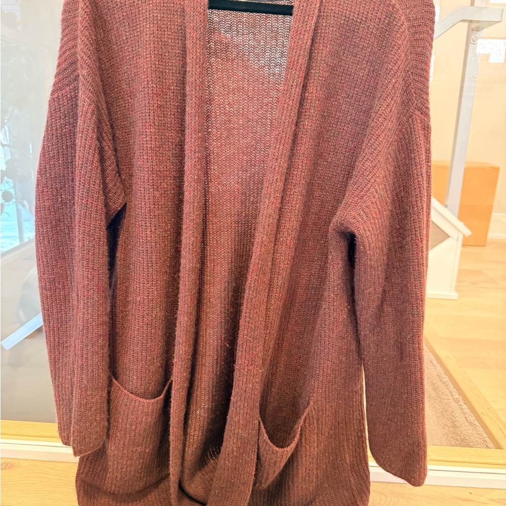 LINE Women's 100% Cashmere Cozy Sweater open front Cardigan - Rust/wine/burgundy